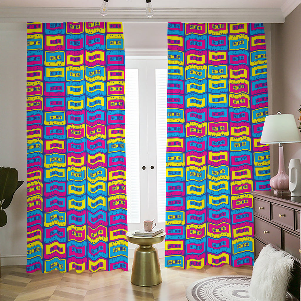 Colorful Cassette Tape Print Blackout Pencil Pleat Curtains