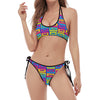 Colorful Cassette Tape Print Halter Scoop Tie Side Bikini