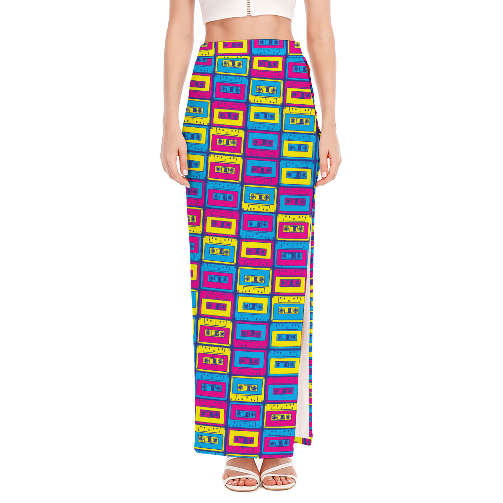 Colorful Cassette Tape Print High Slit Maxi Skirt