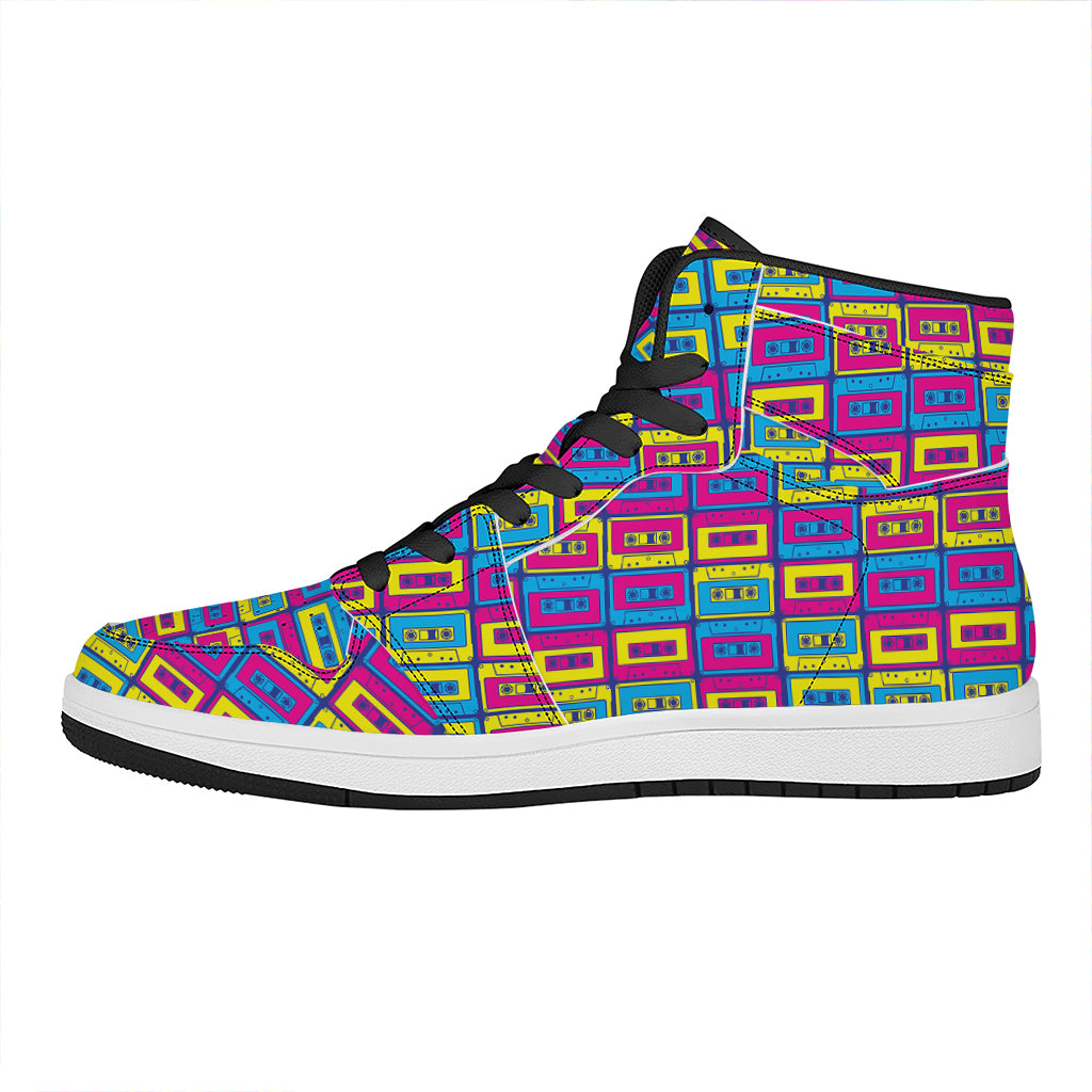 Colorful Cassette Tape Print High Top Leather Sneakers