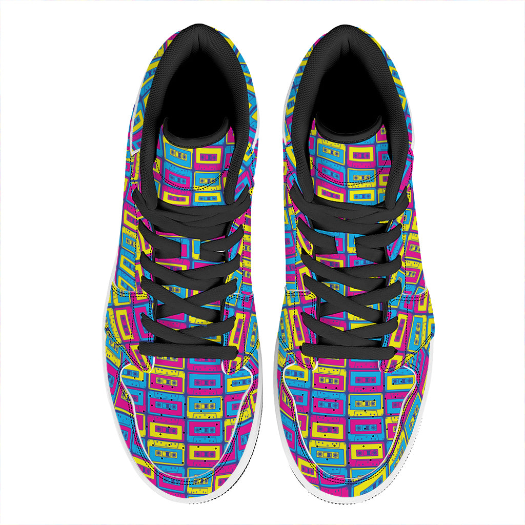 Colorful Cassette Tape Print High Top Leather Sneakers