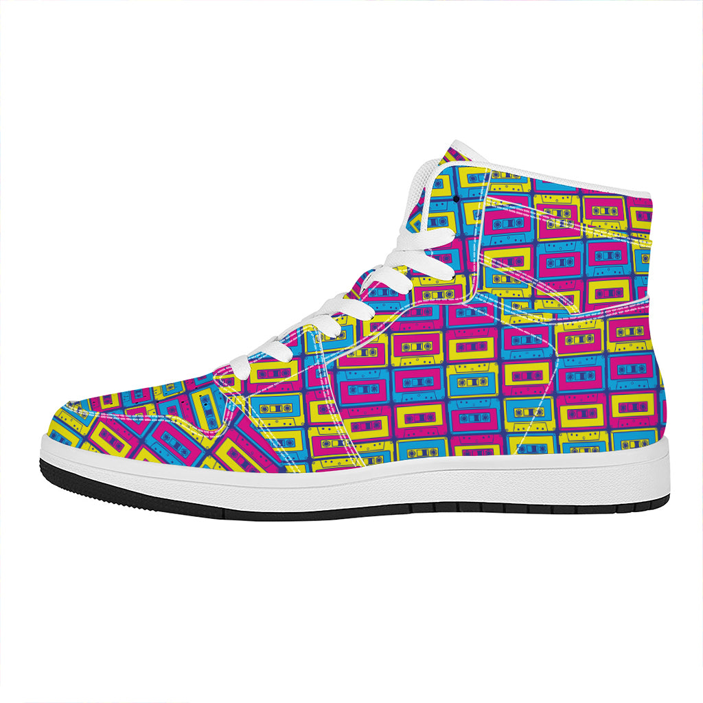 Colorful Cassette Tape Print High Top Leather Sneakers