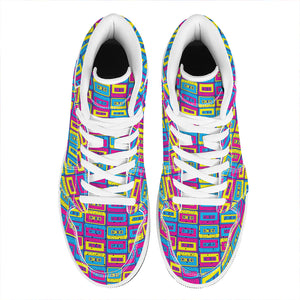 Colorful Cassette Tape Print High Top Leather Sneakers