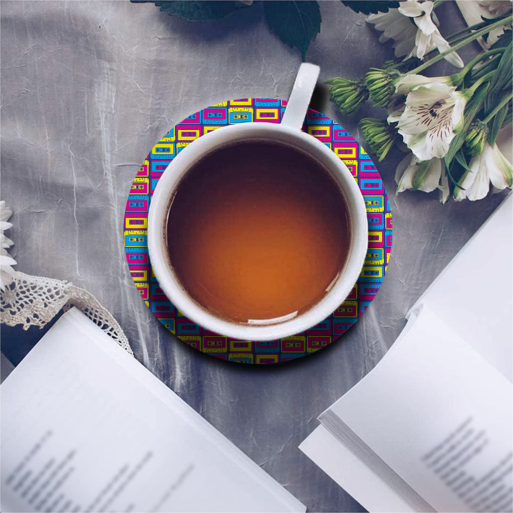 Colorful Cassette Tape Print Leather Coaster Set