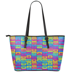 Colorful Cassette Tape Print Leather Tote Bag