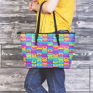 Colorful Cassette Tape Print Leather Tote Bag