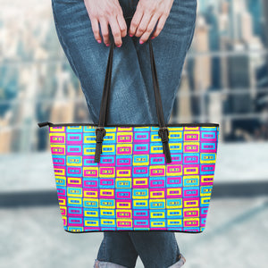 Colorful Cassette Tape Print Leather Tote Bag