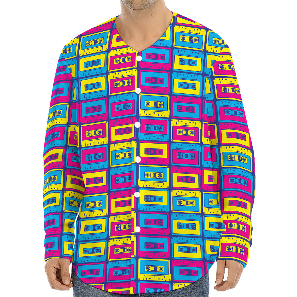 Colorful Cassette Tape Print Long Sleeve Baseball Jersey
