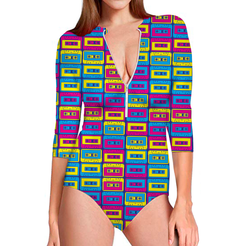 Colorful Cassette Tape Print Long Sleeve Swimsuit