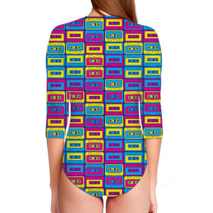 Colorful Cassette Tape Print Long Sleeve Swimsuit