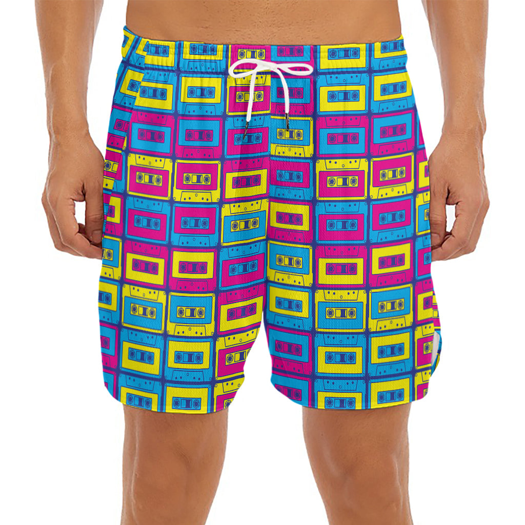 Colorful Cassette Tape Print Men's Split Running Shorts