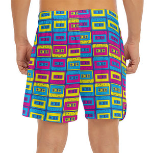 Colorful Cassette Tape Print Men's Split Running Shorts