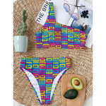 Colorful Cassette Tape Print One Shoulder Bikini Top