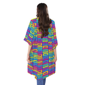 Colorful Cassette Tape Print Open Front Beach Cover Up