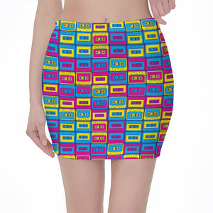 Colorful Cassette Tape Print Pencil Mini Skirt