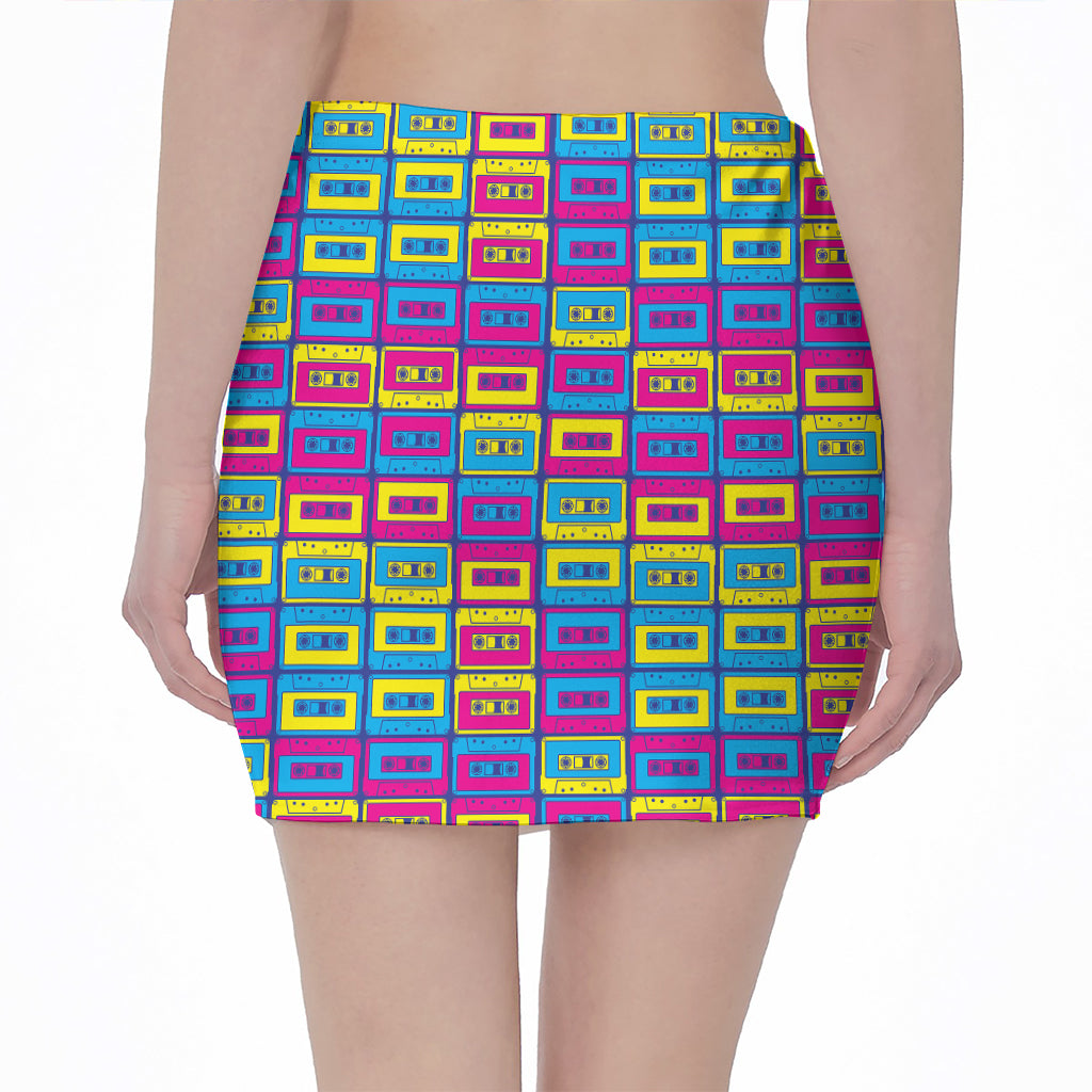 Colorful Cassette Tape Print Pencil Mini Skirt