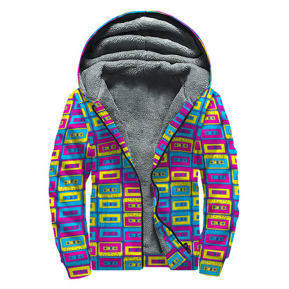 Colorful Cassette Tape Print Sherpa Lined Zip Up Hoodie