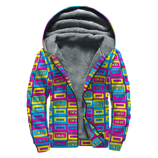 Colorful Cassette Tape Print Sherpa Lined Zip Up Hoodie