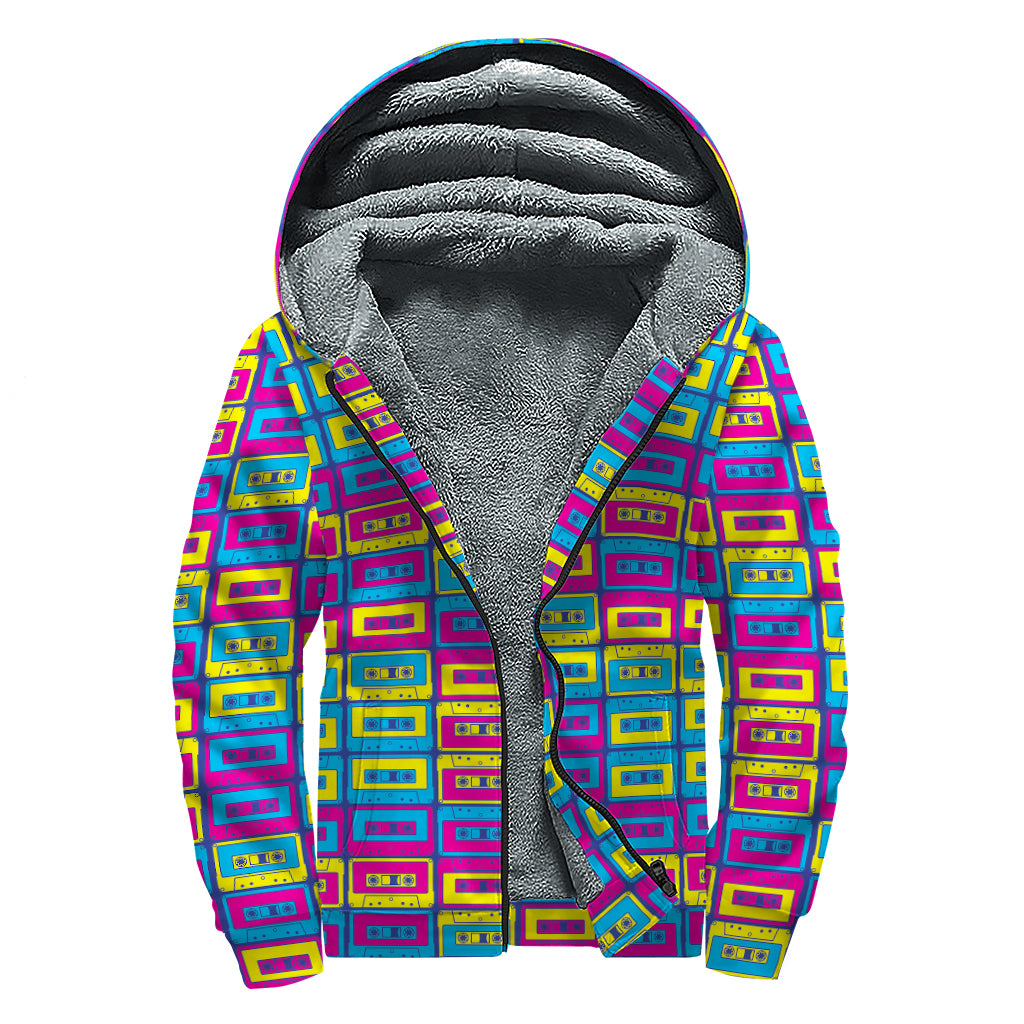 Colorful Cassette Tape Print Sherpa Lined Zip Up Hoodie