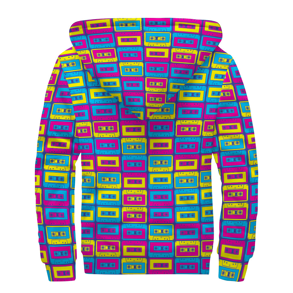 Colorful Cassette Tape Print Sherpa Lined Zip Up Hoodie