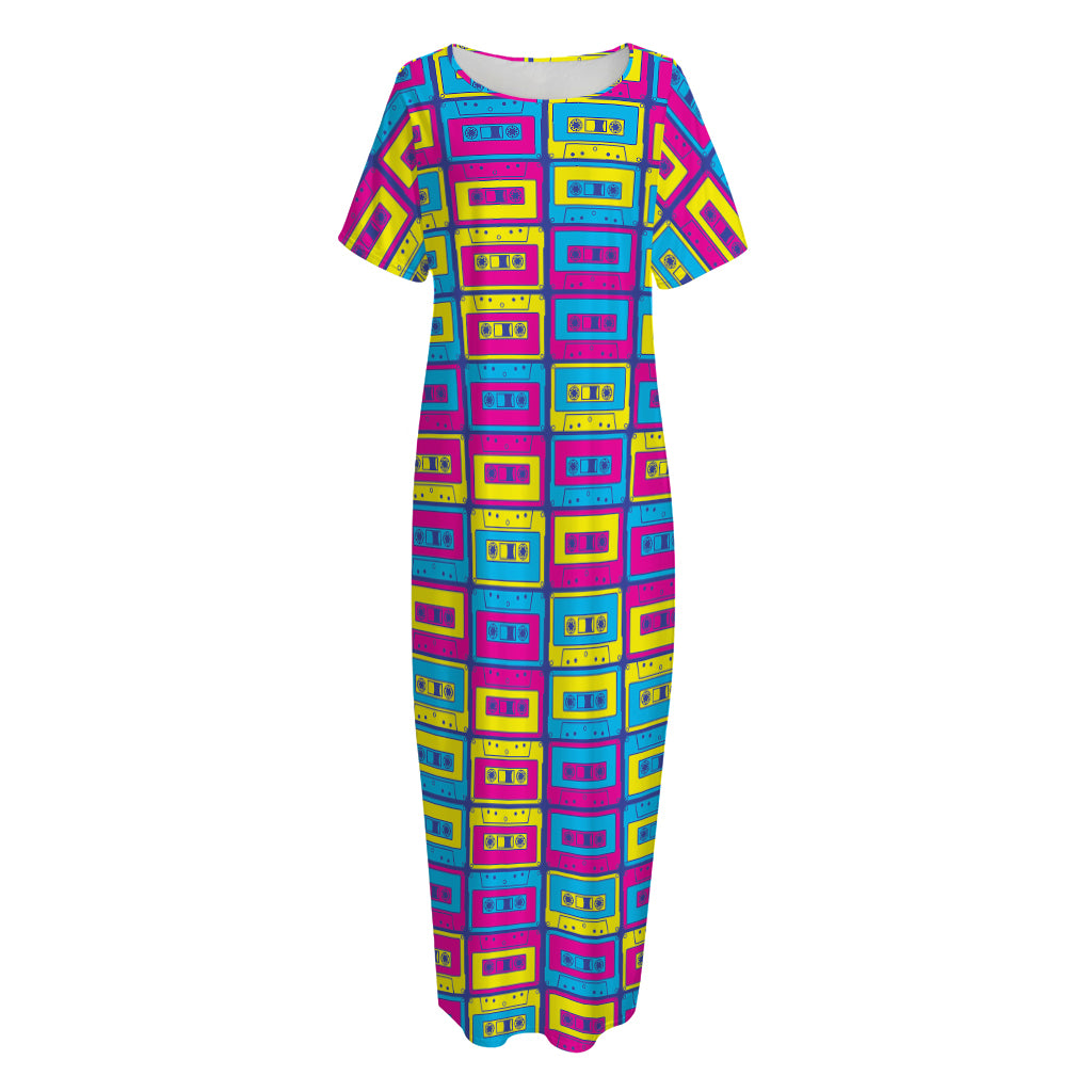 Colorful Cassette Tape Print Short Sleeve Long Nightdress