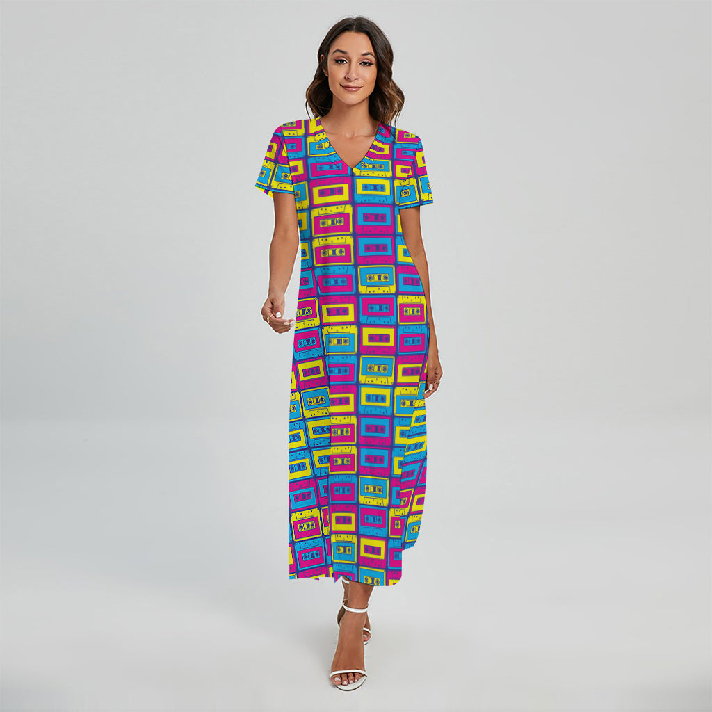 Colorful Cassette Tape Print Short Sleeve Maxi Dress