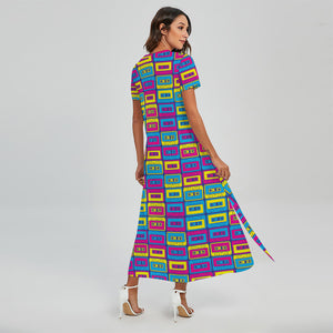 Colorful Cassette Tape Print Short Sleeve Maxi Dress