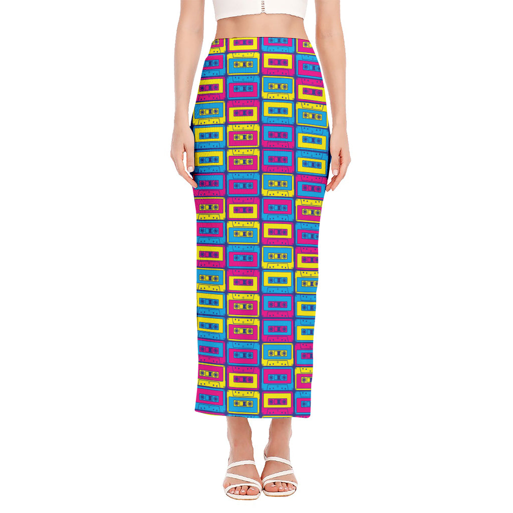 Colorful Cassette Tape Print Side Slit Maxi Skirt