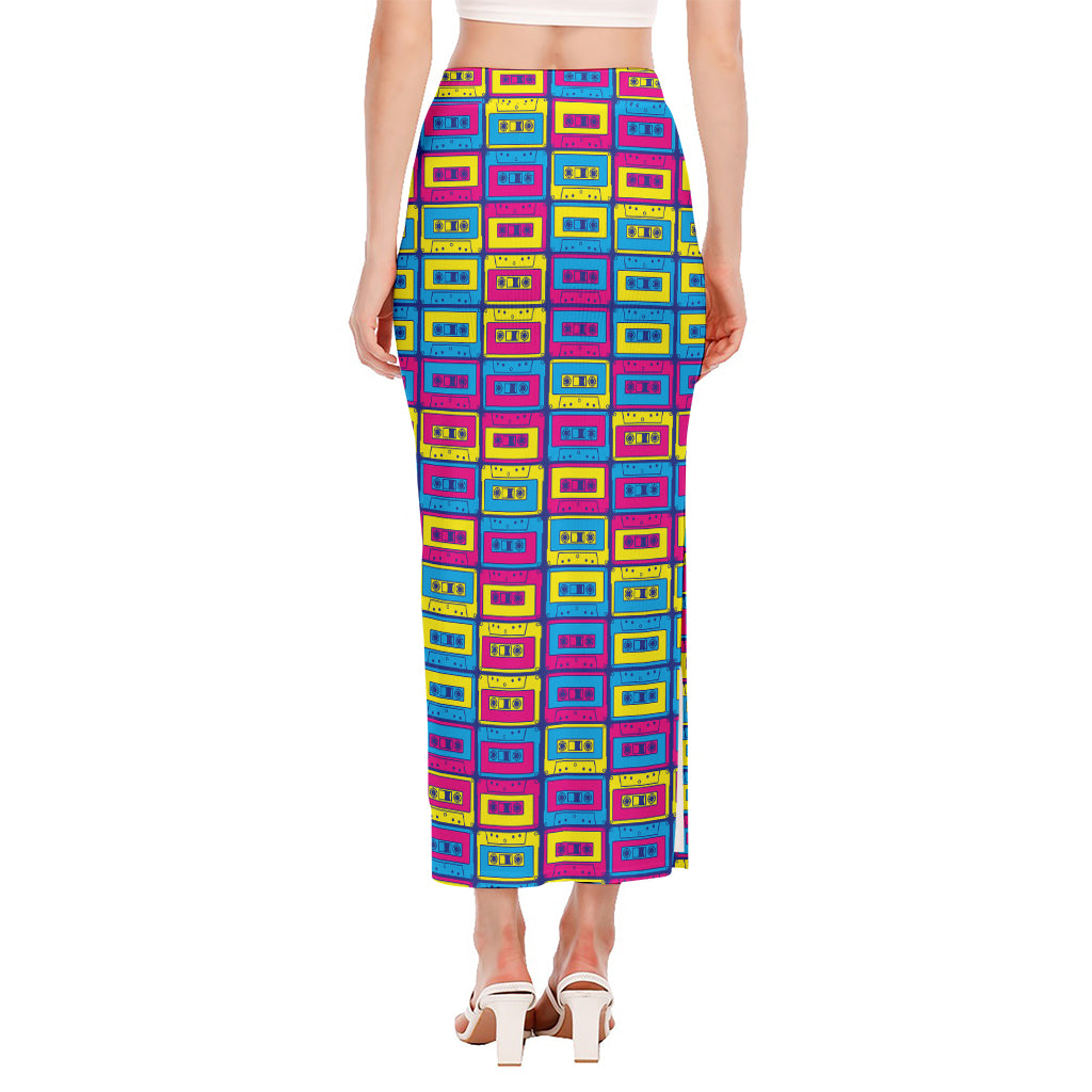 Colorful Cassette Tape Print Side Slit Maxi Skirt