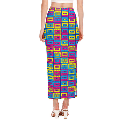 Colorful Cassette Tape Print Side Slit Maxi Skirt