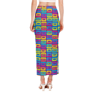 Colorful Cassette Tape Print Side Slit Maxi Skirt