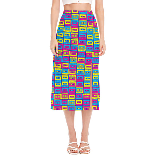 Colorful Cassette Tape Print Side Slit Midi Skirt