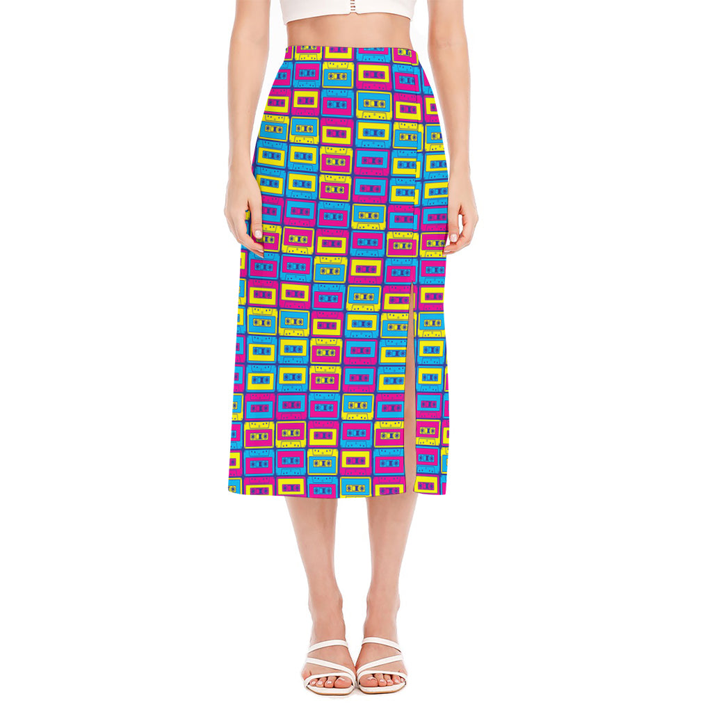 Colorful Cassette Tape Print Side Slit Midi Skirt