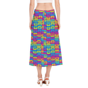 Colorful Cassette Tape Print Side Slit Midi Skirt