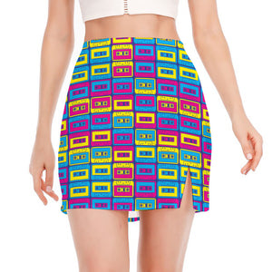 Colorful Cassette Tape Print Side Slit Mini Skirt