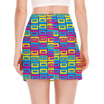 Colorful Cassette Tape Print Side Slit Mini Skirt