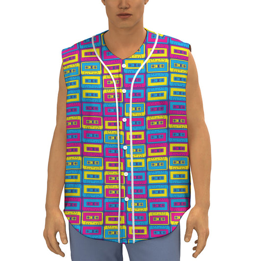 Colorful Cassette Tape Print Sleeveless Baseball Jersey