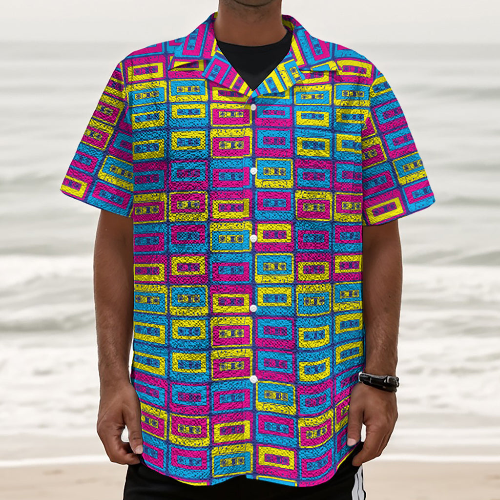 Colorful Cassette Tape Print Textured Short Sleeve Shirt