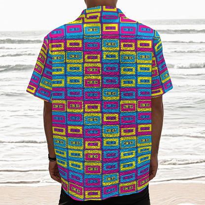 Colorful Cassette Tape Print Textured Short Sleeve Shirt