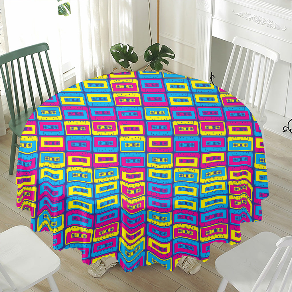 Colorful Cassette Tape Print Waterproof Round Tablecloth