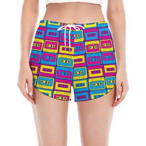 Colorful Cassette Tape Print Women's Split Running Shorts