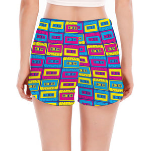 Colorful Cassette Tape Print Women's Split Running Shorts