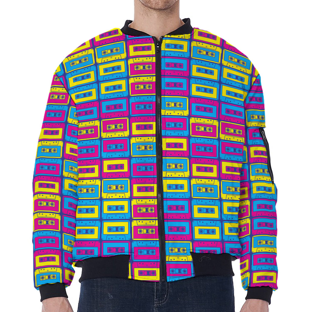 Colorful Cassette Tape Print Zip Sleeve Bomber Jacket