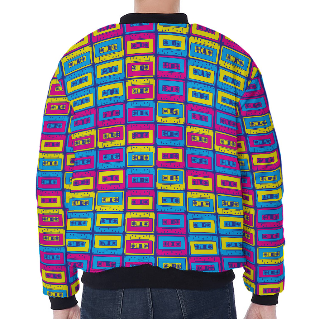 Colorful Cassette Tape Print Zip Sleeve Bomber Jacket