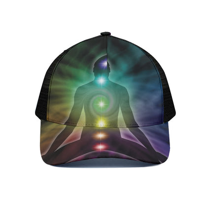 Colorful Chakras Aura Print Black Mesh Trucker Cap
