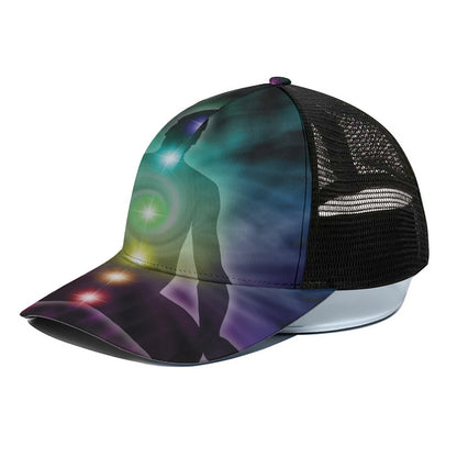 Colorful Chakras Aura Print Black Mesh Trucker Cap