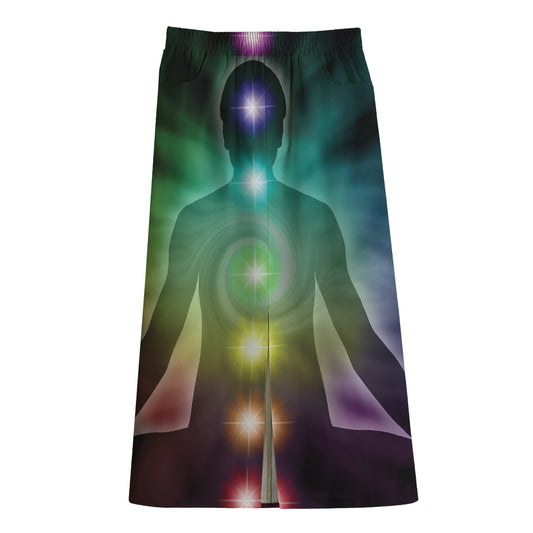 Colorful Chakras Aura Print Cotton Front Slit Maxi Skirt