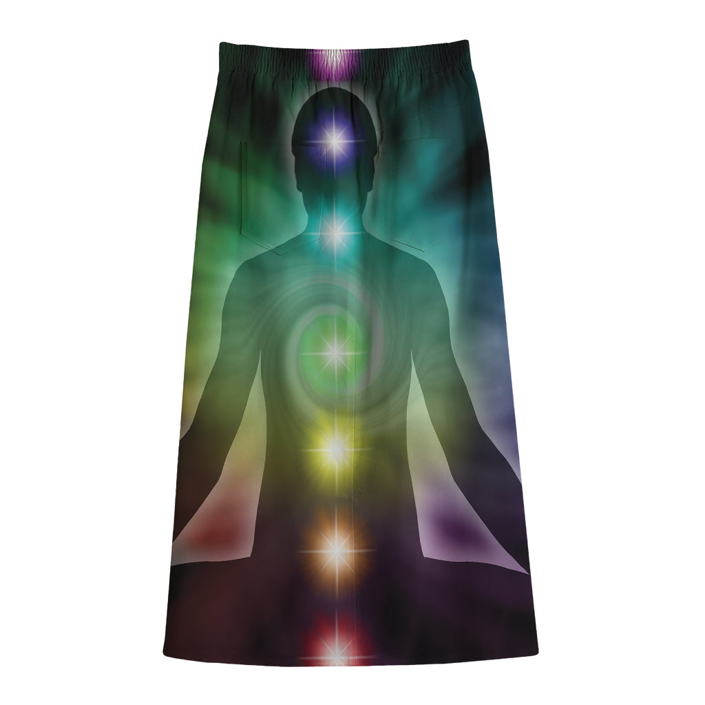 Colorful Chakras Aura Print Cotton Front Slit Maxi Skirt