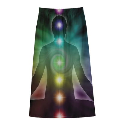 Colorful Chakras Aura Print Cotton Front Slit Maxi Skirt