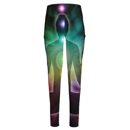 Colorful Chakras Aura Print High-Waisted Pocket Leggings